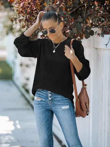 Vista 9 de MEROKEETY - Suéter de punto gofre para otoño para mujer, estilo casual, manga larga tipo globo, holgado, sin botones