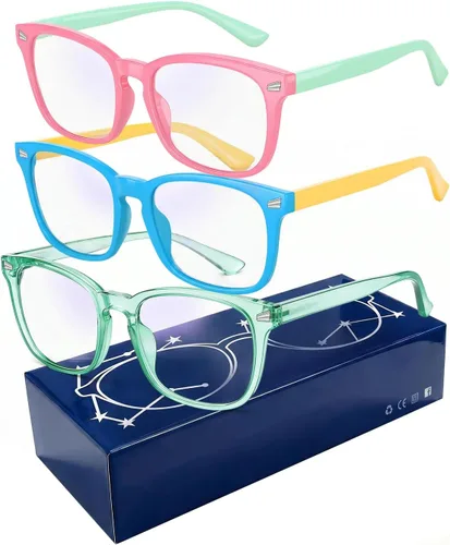Vista 16 de Gafas de luz azul para niños, paquete de 3 unidades, marco flexible TR90 inastillable, lentes transparentes y rojas, gafas falsas para niños de 2 a