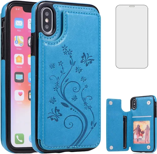 Vista 11 de Funda de teléfono para iPhone Xs X 10 10s con protector de pantalla de vidrio templado, tarjetero con soporte para tarjetero, funda de cuero