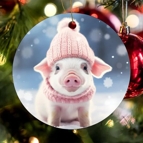 Vista 8 de Adorno de animales de granja, cerdo, adornos para árbol de Navidad, animales de granja para niños y niñas, decoración redonda de cerámica