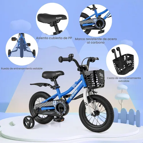 Vista 7 de COSTWAY Bicicleta para niños, 12, 14, 16, 18 pulgadas, para niños y niñas de 3 a 8 años, bicicleta para niños con ruedas de entrenamiento
