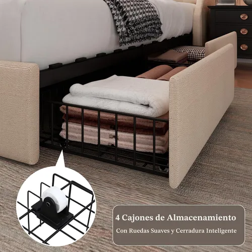 Vista 5 de Feonase - Base de cama tapizada tamaño matrimonial, 4 cajones para almacenar, puerto tipo C y USB, estación de carga, cabecera con respaldo capitoné
