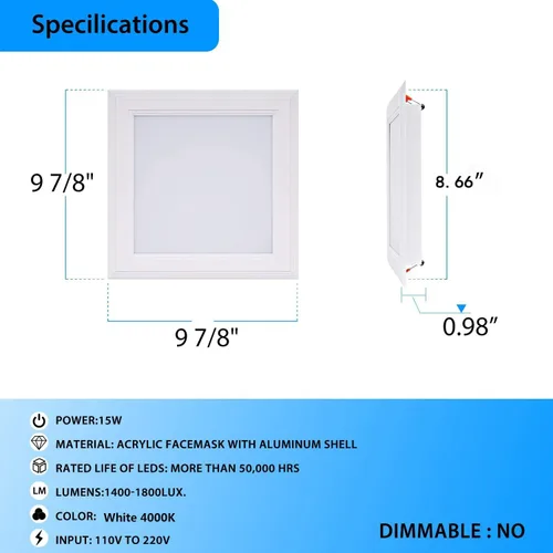 Vista 2 de Iluminación LED empotrable de 9 pulgadas (OD 9.84 pulgadas / ID 8.66 pulgadas) 15 W, lámpara cuadrada de techo no regulable