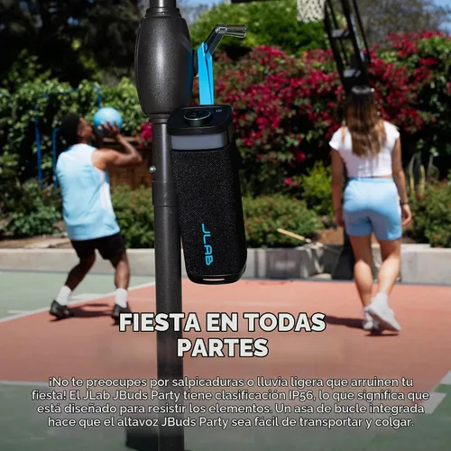 Vista 6 de JLab JBuds Party - Altavoz Bluetooth Portátil, 2 Controladores de Rango Completo + 2 Woofers Pasivos, IP56 Resistente al Agua, 12 Horas de Negro