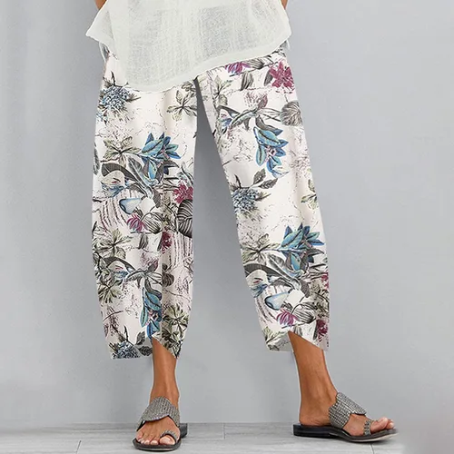 Vista 2 de Pantalones capri de lino para mujer, casuales, de pierna ancha, holgados, de verano, lisos, de cintura alta, pantalones capri recortados