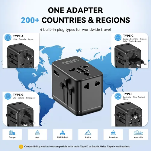 Vista 4 de Adaptador de viaje universal GaN de 70 W, 4 USB C/A + 2 AC, más de 200