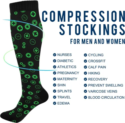 Vista 4 de Calcetines de compresión para hombres y mujeres, calcetines altos hasta la rodilla, apoyo para deportes, correr, senderismo, fitness, seguro de salud