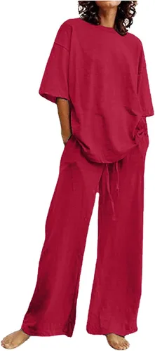 Vista 43 de Conjuntos de verano de 2 piezas para mujer, conjuntos elegantes y casuales de color liso, para verano, otoño, cuello redondo, tops y pantalones