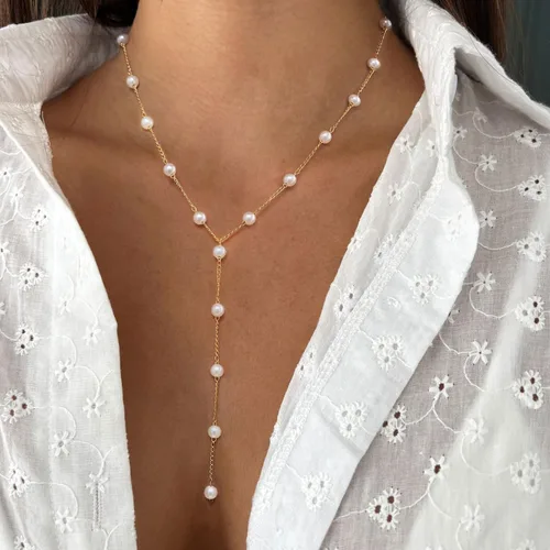 Vista 3 de Voduim Collar de perlas, chapado en oro de 14 quilates o oro blanco, delicado collar de perlas para mujer, collar en Y, gargantilla de perlas