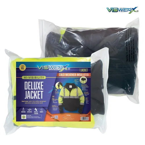 Vista 6 de Chaqueta Hi-Vis Deluxe para clima frío - ANSI CL2 - Chaqueta reflectante de seguridad para áreas de trabajo, construcción y alto tráfico