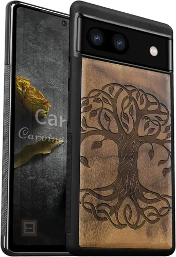Vista 15 de Carveit Funda de madera para Pixel 6 [madera real dura y TPU suave] a prueba de golpes, funda protectora híbrida única y elegante de madera