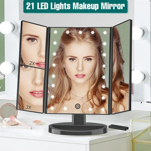 Vista 2 de FASCINATE Espejo de maquillaje iluminado, 21 luces LED brillantes, espejo de tocador tríptico LED con aumento 3x/2x/1x, control táctil de brillo