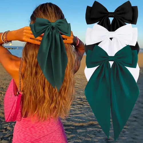 Vista 18 de Velscrun Lazos para el cabello para mujeres y niñas, 3 unidades, lazo blanco, lazo negro, azul marino, lazos grandes para el cabello con clip, lazos