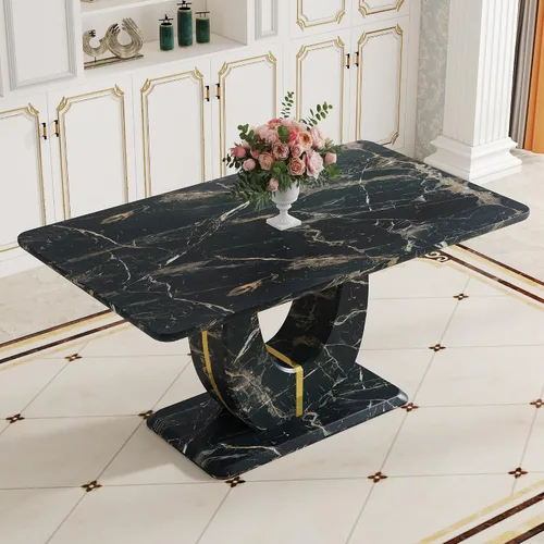 Vista 13 de JUFU Mesa de comedor de mármol sintético de 63 pulgadas para 4-6 personas, moderna mesa rectangular de cocina y comedor, mesa de MDF de aspecto