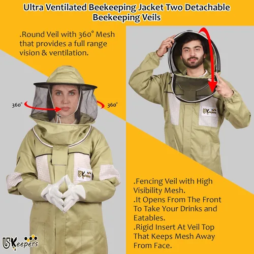 Vista 3 de Traje de apicultura de polialgodón ultra ventilado para hombres y mujeres con guantes y dos velos de apicultura, traje de apicultura profesional