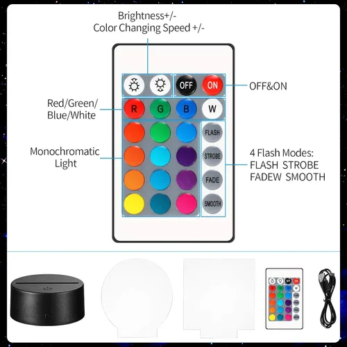 Vista 4 de Honoson 4 Piezas Bases de Lámpara LED Nocturna 3D con 4 Piezas Láminas de Acrílico Transparente Control Remoto Cable USB Ajustable 16 Colores 4