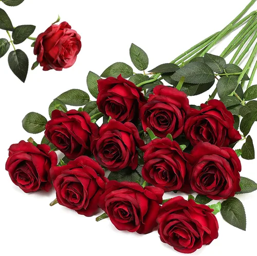 Vista 27 de Rosas artificiales negras – 10 piezas de rosas artificiales falsas de seda con tallos para decoración del hogar, boda, hotel, oficina, centro de mesa