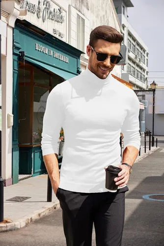 Vista 4 de COOFANDY Suéter de cuello alto ajustado para hombre, casual, básico, de manga larga, suéter de punto