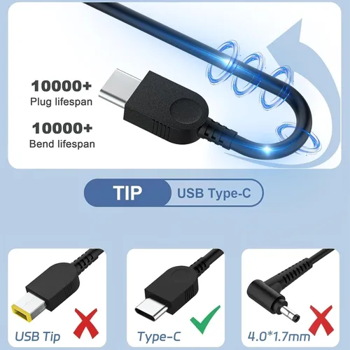 Vista 7 de 65W USB C Type c AC Charger Compatible with Lenovo ThinkPad E580 E585 E590 E590S E595 T480 T490 T580 Yoga C940 C740 thinkbook ADLX65YCC3A Laptop