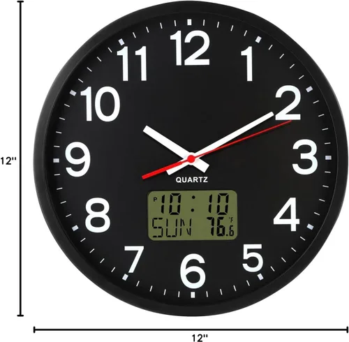 Vista 15 de Reloj de pared analógico de 12 pulgadas, silencioso, sin tictac, reloj de pared grande de cuarzo con LED nocturno, reloj de pared decorativo a
