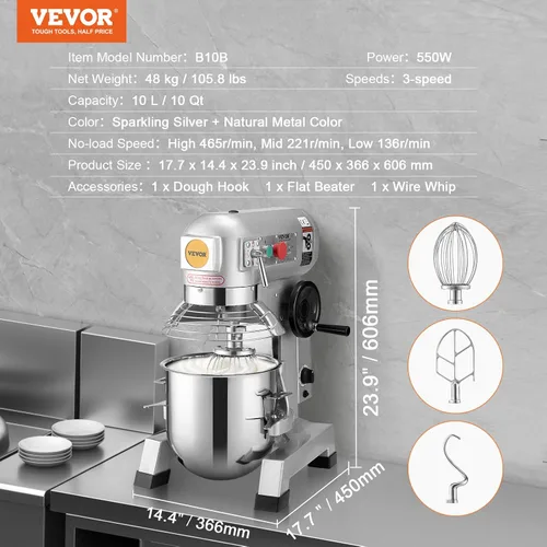Vista 7 de VEVOR Mezclador comercial, mezclador comercial de alimentos de acero inoxidable de 10 cuartos de galón, mezclador de pie comercial de 450 W con 3