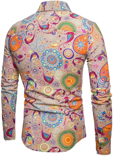 Vista 2 de QZH.DUAO Camisas de lino de discoteca de los años 70 para hombre, estilo casual, estampado de cachemira, floral, vintage, de manga larga y camisa