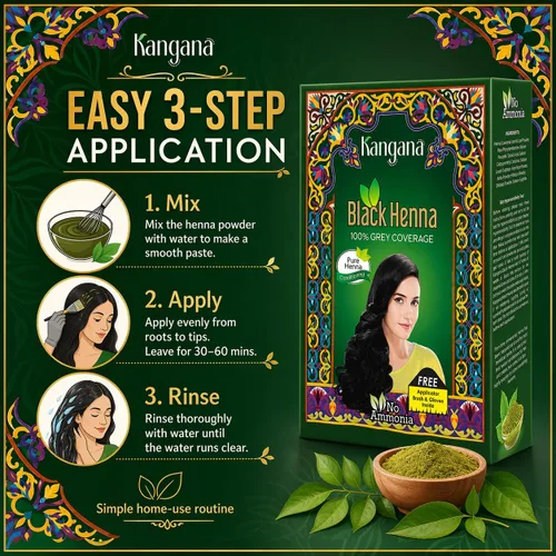Vista 6 de KANGANA Polvo de henna negra natural para tinte de cabello/color, 100% cobertura de canas, sin químicos, paquete de 3 Negro