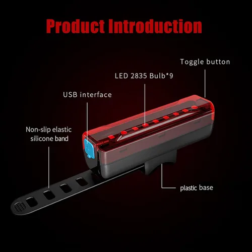 Vista 4 de Luz trasera de bicicleta, recargable por USB, luz trasera de 40 horas de larga duración, luz trasera LED brillante, 5 modos, IPX5 impermeable, luces