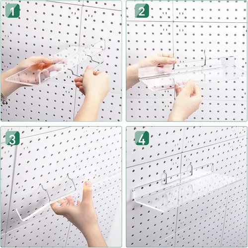 Vista 5 de Lounsweer Juego de 4 estantes de acrílico transparente con ganchos de metal, organizador de accesorios para exhibición de tableros de clavijas