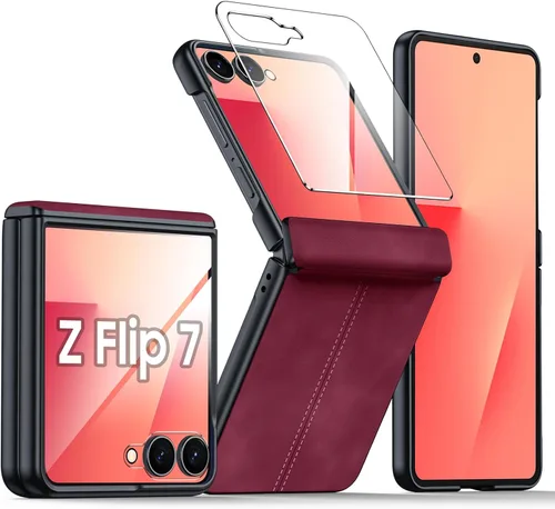 Vista 59 de para Samsung Galaxy Z Flip 7 Funda con protección de bisagras y protector de pantalla incorporado, funda de cuero mate de policarbonato ultradelgada