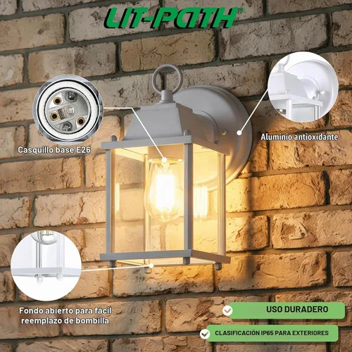 Vista 2 de LIT-PaTH Farol de pared para exteriores, aplique de pared como accesorio de iluminación de porche, base E26, carcasa de aluminio más vidrio Blanco