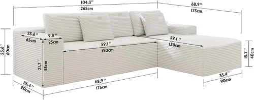 Vista 2 de Juego de sofá modular modular de 104.3 x 68.9 pulgadas, sofá comprimido tapizado, no requiere montaje, 2 piezas de tela de pana de felpa combinada