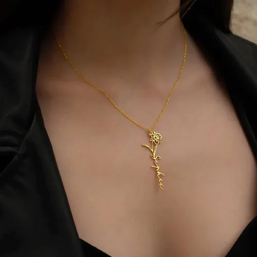 Vista 6 de TRANGEL Custom Birth Flower Name Necklace Personalized 18K Gold Plated Necklace Floral Pendant Jewelry Mothers Christmas Birthday Gift for Women