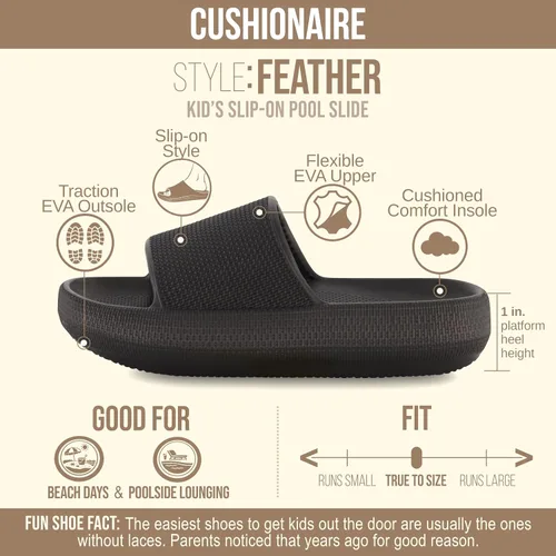 Vista 4 de CUSHIONAIRE Feather-K Cloud Slides, EVA Waterproof Pool Sandals for Kids Negro