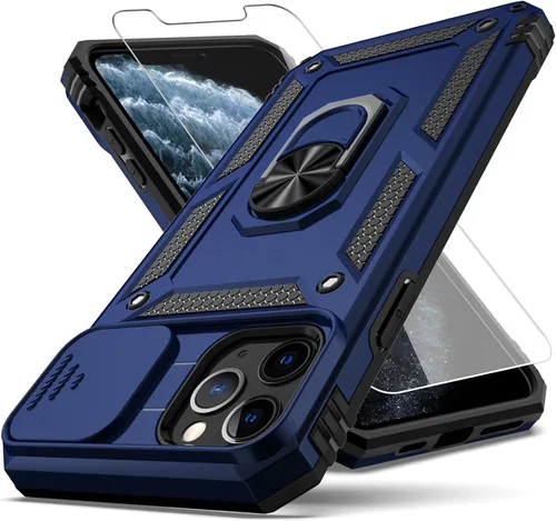 Vista 9 de Funda para iPhone 11 Pro Max con cubierta deslizante para cámara + protector de pantalla HD, soporte de anillo giratorio de grado militar a prueba