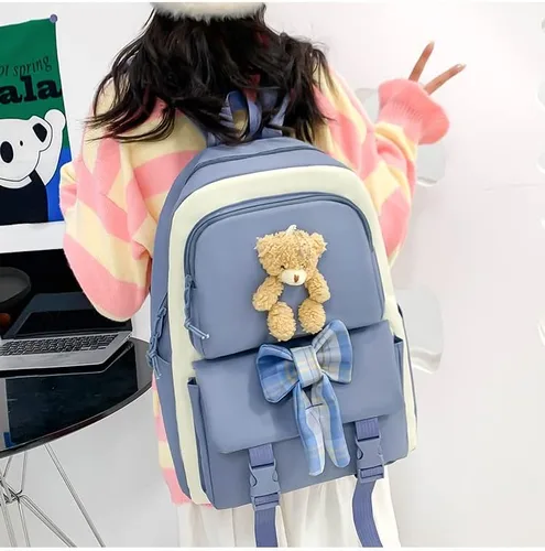 Vista 3 de Lokkcy Juego de 4 mochilas Kawaii con bonitos colgantes e insignia, mochila escolar japonesa y mochila para niñas de 10 a 12 años, Azul, Mochila
