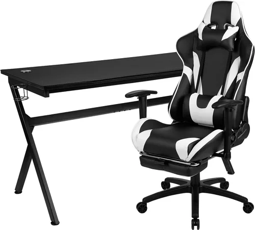 Vista 32 de Flash Furniture Juego de escritorio para juegos negro y silla de carreras blanco/negro con soporte para tazas, gancho para auriculares y soporte