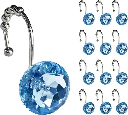 Vista 22 de Sunlit Diseño de Lujo Redondo Aqua Azul Diamante Cristal Gema Bling con Bolas Deslizantes Ganchos para Cortina de Ducha, Anillos para Cortina