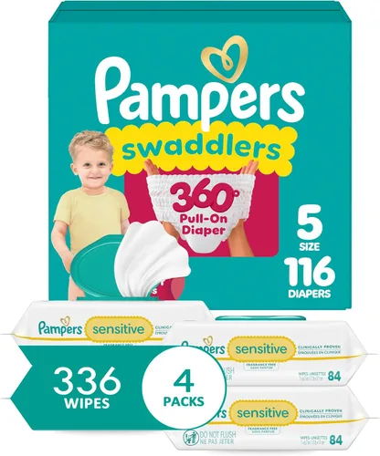 Vista 19 de PAMPERS Swaddlers 360 - Pañales con sistema de ajuste, talla 3, 156 unidades, con toallitas para bebé sensibles, 4 paquetes con tapa abatible