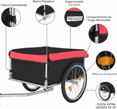 Vista 3 de PEXMOR Remolque de carga para bicicleta, carrito de bicicleta plegable con enganche universal para bicicleta y rueda de liberación rápida de 20