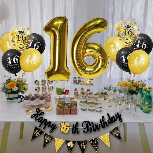 Vista 7 de Decoraciones de fiesta de cumpleaños número 16 para hombres y mujeres, negro y dorado, cartel de feliz cumpleaños negro y dorado, globos de feliz