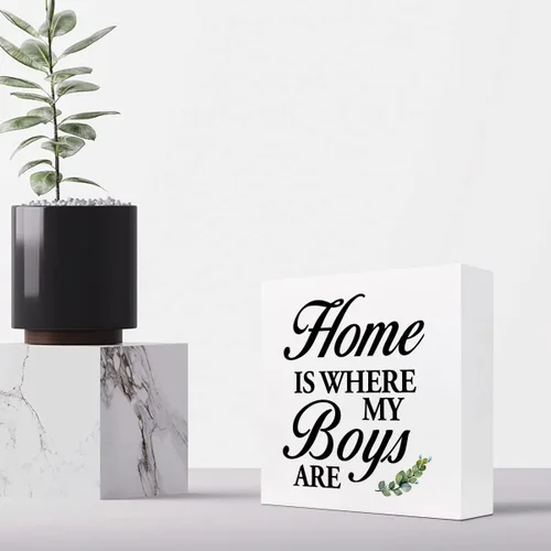 Vista 4 de Letrero de madera con texto en inglés «Home is Where My Boys Are », regalos para la nueva mamá, ideas divertidas para el día de la madre, con cita