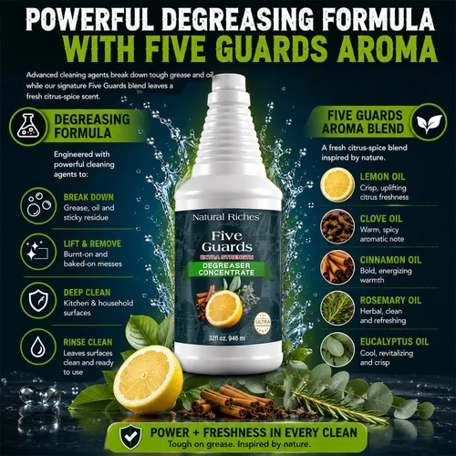 Vista 7 de Natural Riches Five Guards Degreaser Concentrate Makes Up to 64 Gallons, Essential Oil Blend Formula, Multi-Surface Cleaner for Kitchen, Cookware