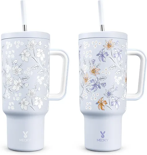 Vista 19 de Meoky - Vaso de 30 oz con asa, tapa y pajilla, taza de viaje térmica de acero inoxidable 100% a prueba de fugas, para portavasos, mantiene el frío