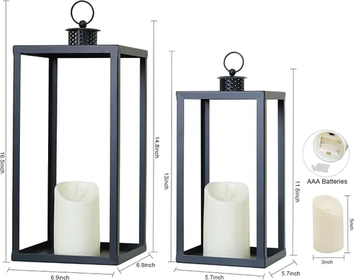 Vista 6 de HPC Decor - Juego de 2 faroles decorativos de metal negro con velas parpadeantes con temporizador, 16.5 pulgadas y 13 pulgadas de grosor, grandes