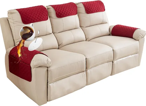 Vista 45 de Funda para Reposabrazos de Sofá, Funda para Reposacabezas de Silla Reclinable, Funda de Sillón con Bolsillos, Protector de Muebles Acolchado Beige