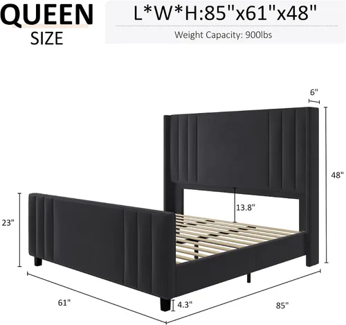 Vista 2 de Albott Base de cama de plataforma tamaño Queen, cama tapizada con cabecera y pie de cama con respaldo alado acolchado de canales verticales Negro