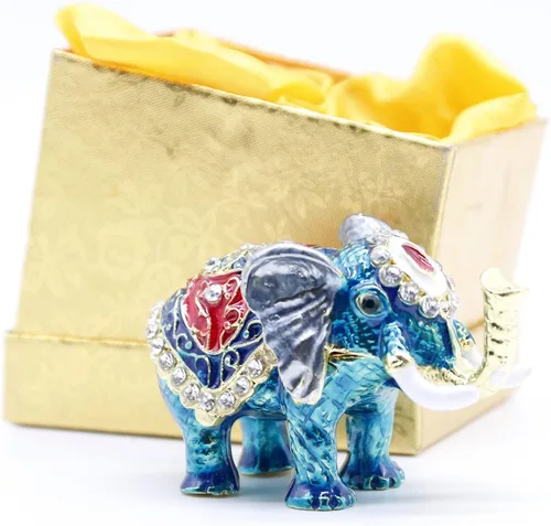 Vista 4 de Pequeña caja de baratija de elefante azul con bisagras Joyeros pintados a mano figura de elefante regalo