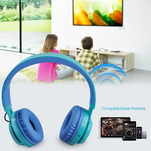 Vista 7 de Riwbox WT-7S audífonos estéreo plegables con Bluetooth y luces, inalámbricos, con micrófono y control de volumen para computadora, teléfonos Azul