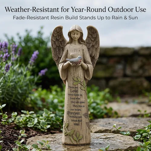 Vista 8 de Topadorn Estatua de jardín de ángel de 10 pulgadas con pájaro – Figura de resina conmemorativa de condolencias para jardín, patio y decoración